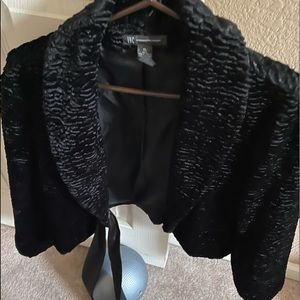 INC. black velour crop jacket with satin cinch ribbon.